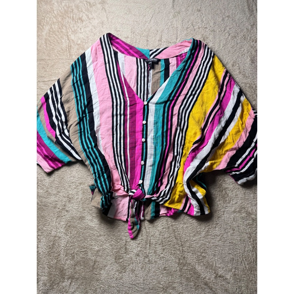 Express Women Small Multi Color Striped Tie Front Dolman Sleeve Top Boho Artsy